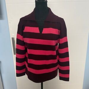 Talbots V-Neck Sweater with Burgundy and Pink Stripes
